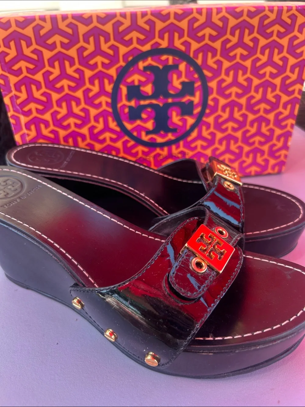 Tory Burch Black Patent Slide Sandals with Red Logo